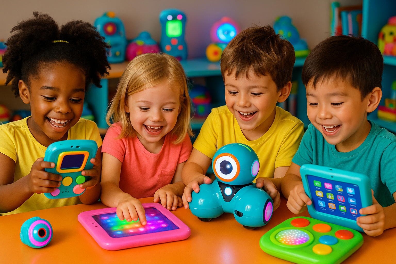 kids playing with colorful electronic toys
