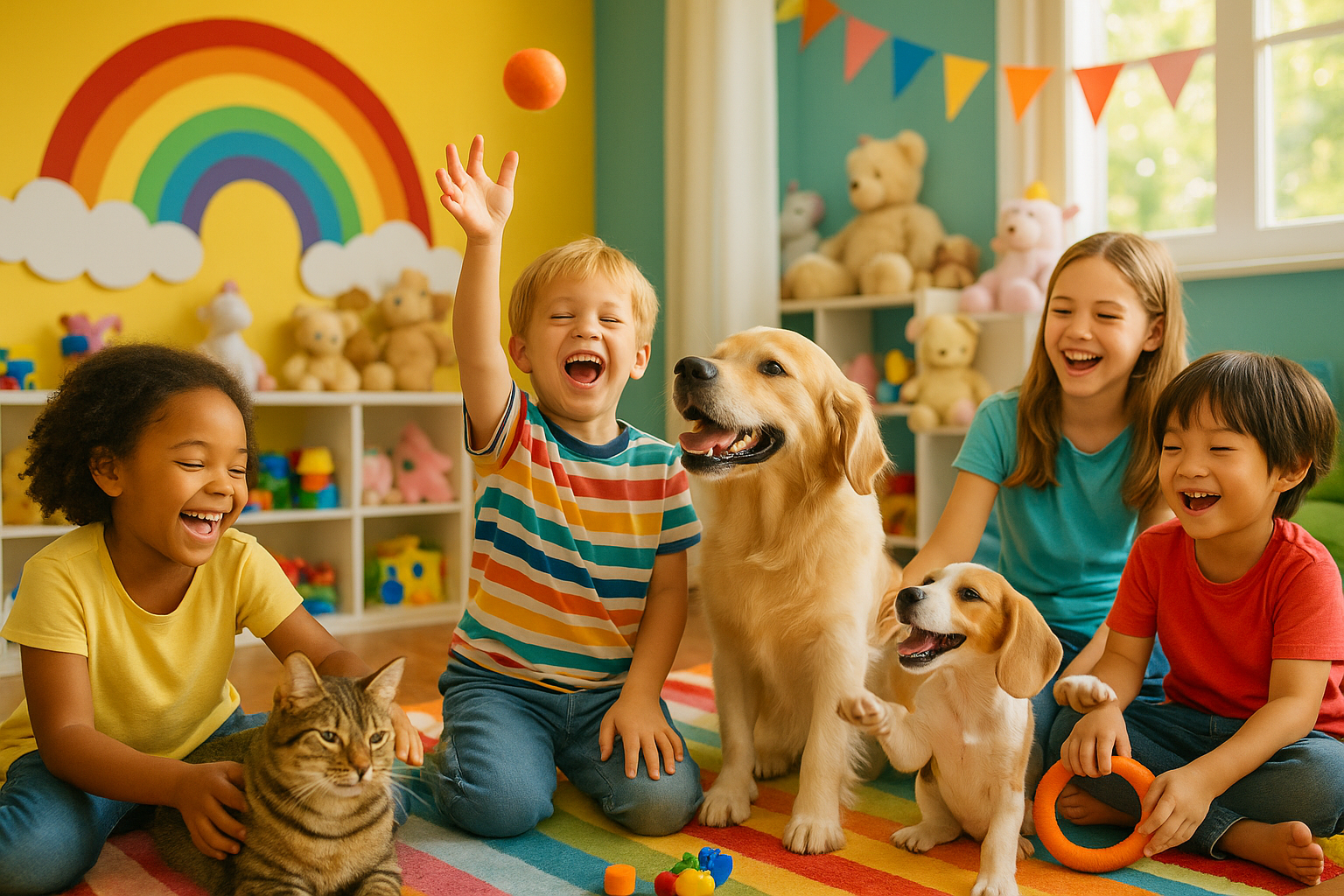 pets and kids playing together in a colorful room